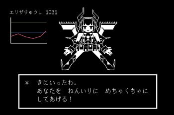 1girl android chart closed_mouth dress elizabeth_bathory_(fate) fake_screenshot fate/grand_order fate_(series) female_focus horns mecha_eli-chan_(fate) mettaton mettaton_ex michiru_(amphibian) parody pixel_art short_dress sleeveless sleeveless_dress smile solo translation_request undertale utdr_(toby_fox)