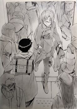 4boys 4girls absurdres coat evab evangelion:_3.0+1.0_thrice_upon_a_time hair_ornament hairclip highres holding_hands hood hood_down ikari_gendou ikari_shinji looking_at_another makinami_mari_illustrious multiple_boys multiple_girls neon_genesis_evangelion rebuild_of_evangelion souryuu_asuka_langley train