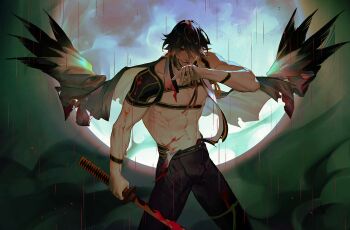 1boy abs asymmetrical_sleeves bara bare_pectorals black_hair blonde_hair blood blood_on_clothes blood_on_face bloody_weapon chest_harness commentary_request cowboy_shot full_moon hair_over_one_eye harness japanese_clothes katana male_focus medium_hair moon multicolored_hair muscular muscular_male nagasone_kotetsu navel ncww_rinichi nipples pectorals raining_blood solo sword touken_ranbu two-tone_hair uchigatana uneven_sleeves weapon yellow_eyes