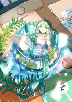 1girl absurdres camisole cellphone commentary_request cup earphones from_above green_eyes green_hair highres in_container in_cup looking_at_viewer ming_qi_bibi mini_person minigirl original phone sitting skirt smartphone white_camisole wide_shot