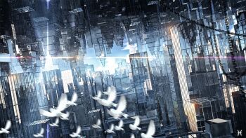 architecture bird blue_sky building chain cityscape cloud cloudy_sky day diffraction_spikes glass highres light_rays motion_blur no_humans original reflection scenery shine sky skyscraper urban waisshu_(sougyokyuu) watermark window