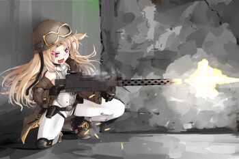 1girl bare_shoulders blonde_hair brown_jacket browning_m1919 casing_ejection commission firing girls&#039;_frontline gun hair_ornament hairclip helmet highres holding holding_gun holding_weapon jacket leggings leotard m1919a4_(girls&#039;_frontline) machine_gun medium_machine_gun muzzle_flash on_one_knee open_mouth pixiv_commission red_eyes shell_casing solo squatting teeth weapon white_leggings zafuri_(yzrnegy) zipper