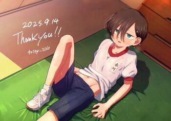 1boy artist_name black_hair blue_eyes blue_shorts blush boku_no_kokoro_no_yabai_yatsu collarbone commentary_request dated foot_out_of_frame gym_shirt gym_shorts gym_storeroom gym_uniform hair_between_eyes highres ichikawa_kyoutarou indoors knee_up lying male_focus mat navel on_back open_mouth ringed_eyes shirt shoes short_hair short_sleeves shorts sneakers socks solo thank_you toisy_2160 vaulting_horse wet wet_clothes wet_hair wet_shirt white_shirt white_shoes white_socks