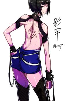 Rule 34 | 1girl, absurdres, ass, back tattoo, backless dress, backless outfit, black hair, black thighhighs, blue dress, closed mouth, commentary request, dress, from behind, highres, kagerou: kokumeikan shinshou, looking at viewer, millennia, short hair, simple background, skirt, solo, tattoo, thighhighs, white background, yosofuta (yosohuta)