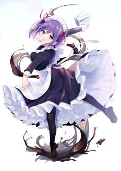 1girl :d apron black_dress black_pantyhose blue_background blush brown_shoes coffee coffee_pot commentary_request dress female_focus frilled_dress frills gradient_background green_eyes hair_between_eyes hair_ribbon highres holding juliet_sleeves loafers long_sleeves looking_at_viewer looking_to_the_side maid maid_apron maid_headdress open_mouth original outstretched_arm pantyhose puffy_sleeves purple_hair red_ribbon ribbon shiika_yuno shoes simple_background smile solo standing standing_on_one_leg white_apron white_background