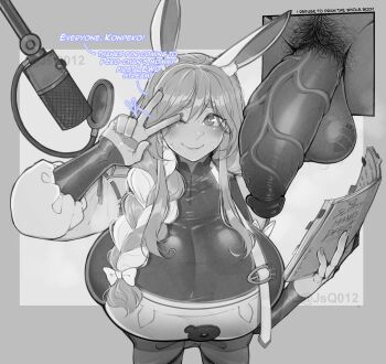 1boy 1girl absurdres alternate_breast_size animal_ear_fluff animal_ears blush book braid braided_ponytail breasts english_text erection greyscale highres hololive huge_breasts huge_penis huge_testicles jsq012 long_hair looking_at_viewer mature_female microphone monochrome open_book pekomama penis rabbit_ears rabbit_girl recording_studio script short_eyebrows smile studio_microphone testicles thick_eyebrows uncensored v veins veiny_penis virtual_youtuber