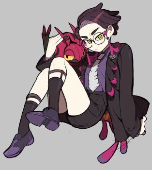 1boy :&lt; aged_down black_jacket black_shorts black_socks closed_mouth collared_shirt commentary_request corbeau_(pokemon) eyewear_strap gen_5_pokemon glasses grey_background highres jacket korean_commentary long_sleeves looking_at_viewer male_focus neckerchief necktie nintendo open_clothes open_jacket peeking_pickle pokemon pokemon_(creature) pokemon_legends:_z-a purple_shirt purple_shoes round_eyewear shirt shoes shorts simple_background socks venipede white_neckerchief yellow_eyes