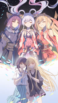 3girls absurdres animal_ears bare_shoulders black_shirt blonde_hair blue_skirt blunt_bangs bracelet chinese_commentary cho_kaguya-hime! closed_eyes commentary_request crescent crescent_hair_ornament floating_hair fox_shadow_puppet_kiss green_eyes hair_floating_upwards hair_ornament hair_rings highres holding_hands innoarukugyou interlocked_fingers japanese_clothes jewelry kaguya_(cho_kaguya-hime!) kimono long_hair long_sleeves looking_at_another multiple_girls multiple_views open_mouth pleated_skirt purple_hair rabbit_ears red_kimono runami_yachiyo sailor_collar sakayori_iroha school_of_fish school_uniform serafuku shirt short_hair skirt smile standing t-shirt twintails white_hair white_shirt yuri