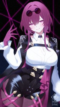 1girl absurdres black_background black_choker black_shorts breasts choker cleavage cleavage_cutout closed_mouth clothing_cutout collared_shirt eyewear_on_head fuminshou_(nekopan_art) gloves hair_between_eyes high-waist_shorts highres honkai:_star_rail honkai_(series) kafka_(honkai:_star_rail) large_breasts lipstick long_bangs long_hair long_sleeves looking_at_viewer makeup pantyhose pink_lips purple_eyes purple_gloves purple_hair purple_pantyhose round_eyewear shirt shorts shoulder_cutout smile solo standing string sunglasses thigh_strap thighs