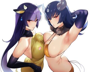 2girls animal_ears arm_up armpits ass bikini blunt_bangs blush breast_press breasts butt_crack cosplay cow_horns dress dual_persona elbow_gloves fake_animal_ears fake_horns gen_1_pokemon gen_2_pokemon gloves hairband highres hizuki_akira horns large_breasts long_hair looking_at_viewer miltank miltank_(cosplay) multiple_girls nintendo open_mouth pokemon pokemon_frlg pokemon_hgss purple_hair red_eyes sabrina_(pokemon) short_dress short_hair simple_background swimsuit symmetrical_docking take_your_pick tauros tauros_(cosplay) white_background yellow_bikini yellow_dress