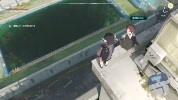 1boy 1girl bag black_hair character_charm charm_(object) clock fake_screenshot gakuran gameplay_mechanics heads-up_display highres ledge lost_property_control_organization_(samidare) minimap pool protagonist_(lost_property_control_organization) red_hair revision ribbon rooftop samidare_(hoshi) school_bag school_uniform sitting t-6407j_(samidare) translation_request user_interface white_ribbon yamauchi_youdou_(samidare)