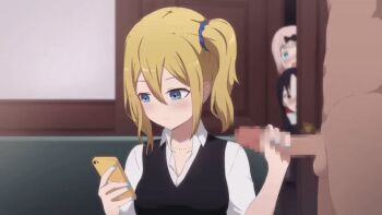 3girls animated animated_gif annoyed black_vest blonde_hair blue_eyes blue_nails bored cellphone censored cum cum_on_clothes ejaculation fujiwara_chika handjob hayasaka_ai holding holding_phone jewelry kaguya-sama_wa_kokurasetai_~tensai-tachi_no_renai_zunousen~ kamuo looking_at_phone looking_at_viewer mosaic_censoring multiple_girls multitasking nail_polish necklace penis phone shinomiya_kaguya shirt side_ponytail smartphone vest white_shirt