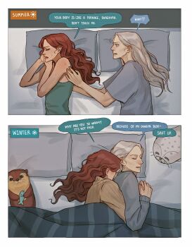 2girls a_song_of_ice_and_fire absurdres alicent_hightower blue_sweater brown_sweater closed_eyes commentary cuddling english_commentary english_text green_tank_top grey_shirt highres long_hair looking_at_another multiple_girls parted_lips pillow red_hair rhaenyra_targaryen shirt short_sleeves speech_bubble stuffed_otter stuffed_seal sweat sweater tank_top tcn_tancha white_hair yuri