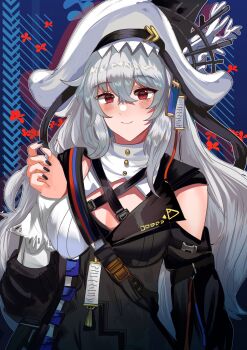 Rule 34 | 1girl, arknights, black hat, black nails, blue sealad, breasts, commentary, dot nose, grey hair, hair between eyes, hat, highres, large breasts, light blush, light smile, long hair, looking at viewer, multicolored hat, nail polish, red eyes, solo, specter (arknights), specter the unchained (arknights), white hat