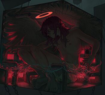 1boy absurdres angel angel_devil_(chainsaw_man) angel_wings artist_name box chainsaw_man closed_mouth commentary feet full_body glowing glowing_halo halo highres in_box in_container long_hair male_focus navel nipples nude phosmic red_hair ribs skinny soles solo spread_wings symbol-only_commentary toenails toes trapped water white_wings wings