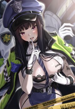 1girl absurdres barcode barcode_tattoo black_bra black_hair blue_necktie blue_skirt bra breast_tattoo caution_tape commentary d_(killer_wife)_(nikke) d_(killer_wife)_(secret_police)_(nikke) d_(nikke) finger_to_mouth gloves goddess_of_victory:_nikke hat highres long_hair looking_at_viewer necktie official_alternate_costume police police_hat police_uniform policewoman purple_eyes revision shirt shushing skirt solo_focus taek tattoo underwear white_gloves white_shirt