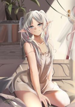 1girl absurdres ahoge arm_behind_back arm_between_legs bare_shoulders blush book bookshelf closed_mouth collarbone drawer earrings elf flat_chest floating_earrings frieren full_body green_eyes highres indoors jewelry lichael looking_at_viewer mage_staff on_bed plant pointy_ears potted_plant sidelocks signature sitting smile solo sousou_no_frieren staff teardrop_earrings thighs twintails white_hair