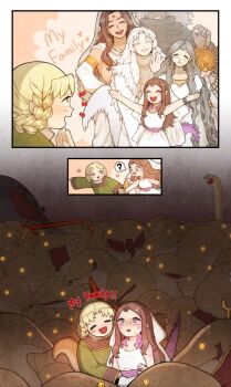 Rule 34 | 2boys, 4girls, 6+others, ?, ^ ^, blonde hair, blush stickers, bracelet, braid, braided hair rings, brother and sister, brothers, brown hair, closed eyes, colored eyelashes, company captain yorshka, company connection, dark souls (series), dark souls i, dark souls ii, dark souls iii, dark sun gwyndolin, donar0217, dragon girl, elden ring, english text, family, filianore (dark souls), forehead jewel, forked tongue, gloom (expression), grey hair, grin, hair rings, holding hands, jewelry, jitome, korean commentary, light blush, long hair, looking at another, multiple boys, multiple girls, multiple others, nameless king, nervous, nervous sweating, nose bubble, pointing, priscilla the crossbreed, queen of sunlight gwynevere, rya (elden ring), siblings, single blush sticker, sisters, sleeping, slit pupils, smile, snake, snake girl, spoken question mark, sweat, tongue, twin braids, veil, waving, white hair