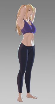 Rule 34 | 1girl, armpits, arms behind head, arms up, bare shoulders, barefoot, black pants, blonde hair, breasts, collarbone, feet, full body, gradient background, green eyes, grey background, groin, highres, lips, looking at viewer, metroid, midriff, mole, mole under mouth, navel, nintendo, pants, parted lips, pomelomelon, ponytail, samus aran, solo, sports bra, standing, teeth, toenails, toes, yoga pants