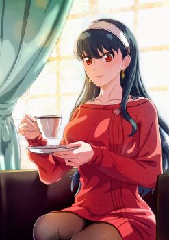 1girl armchair backlighting bilingual_commentary black_hair chair close-up coffee coffee_table commentary crossed_legs cup dress earrings hair_down hairband highres holding holding_cup holding_saucer hutarikiri2025 indoors jewelry living_room long_hair looking_at_viewer mixed-language_commentary off-shoulder_sweater off_shoulder on_chair pantyhose red_dress red_eyes red_sweater saucer short_dress sitting spy_x_family steam sweater sweater_dress table teacup window yor_briar