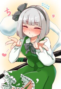 1girl black_bow black_bowtie black_hairband blowing_kiss blush bow bowtie closed_eyes collared_shirt commentary embarrassed facing_viewer flying_sweatdrops frilled_skirt frills green_skirt green_vest grey_hair hairband heart highres hitodama hitodama_print konpaku_youmu konpaku_youmu_(ghost) long_sleeves print_skirt sheath sheathed shirt skirt skirt_set solo sweat sword symbol-only_commentary tanikake_yoku touhou translation_request vest weapon weapon_on_back white_shirt