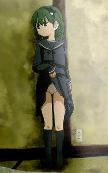 Rule 34 | 1girl, black legwear, blue sailor collar, blue serafuku, blue shirt, blue skirt, closed mouth, clothes lift, digital (digital001), frog hair ornament, full body, green eyes, green hair, hair between eyes, hair ornament, highres, kochiya sanae, long sleeves, medium hair, panties, pleated skirt, ribbon, sailor collar, school uniform, serafuku, shirt, skirt, skirt lift, standing, touhou, underwear, white panties