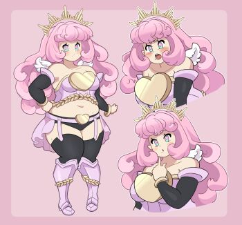 1girl angel_wings annoyed bare_shoulders belt black_panties black_thighhighs blush collarbone curvy detached_sleeves full_body garter_belt heart jewelry long_hair loveycloud mole mole_under_mouth multiple_views navel original panties pink_background pink_hair plump thick_thighs thighhighs thighs underwear wings