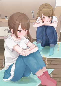 2girls absurdres arm_on_knee blouse blue_overalls blue_pants blue_socks blush brown_eyes brown_hair collarbone controller couch hair_between_eyes highres looking_down multiple_girls noa_cell on_floor original overalls pants pee pee_pad peeing peeing_self peeing_together pink_socks remote_control shirt socks table translation_request