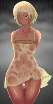 1boy bare_shoulders blonde_hair blush bulge cowboy_shot crossdressing crossdressing_(mtf) dress erection erection_under_clothes gluteal_fold highres jewelry looking_at_viewer male_focus mole mole_under_eye necklace nikuku_(kazedesune) no_panties original penis rain see-through_clothes smile solo standing sundress tan testicles thigh_gap trap wide_hips