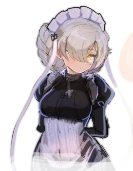 1girl apron azur_lane blonde_hair braid breasts commentary frills hair_over_one_eye hey_taisyou highres long_sleeves looking_at_viewer maid maid_headdress medium_breasts sheffield_(azur_lane) short_hair symbol-only_commentary thighhighs yellow_eyes