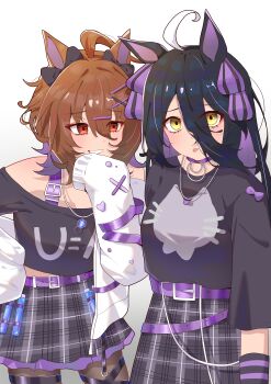 2girls absurdres agnes_tachyon_(umamusume) animal_ears bare_shoulders black_arm_warmers black_hair black_pantyhose black_shirt black_skirt blush brown_hair grin hair_between_eyes highres horse_ears horse_girl jacket looking_at_viewer manhattan_cafe_(umamusume) multiple_girls nanaken_(qijian23092715) open_clothes open_jacket pantyhose plaid_clothes plaid_skirt red_eyes shirt single_bare_shoulder skirt sleeves_past_fingers sleeves_past_wrists smile tongue tongue_out umamusume white_jacket yellow_eyes