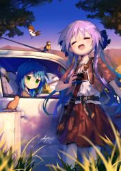 Rule 34 | 2girls, :3, :d, = =, absurdres, ap04astral, bird, blue hair, blue sky, blurry, blurry foreground, camera, car, clear sky, commentary request, cowboy shot, depth of field, grass, green eyes, highres, hiiragi kagami, holding, holding camera, izumi konata, jacket, jitome, looking at another, lucky star, motor vehicle, mountainous horizon, multiple girls, neck ribbon, open mouth, outdoors, panties, red jacket, red ribbon, red skirt, ribbon, shirt, sitting, skirt, sky, smile, standing, tree, underwear, white panties, white shirt