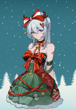 1girl absurdres ahoge alternate_costume bare_shoulders blue_eyes breasts christmas commentary_request cross-shaped_pupils diamond-shaped_pupils diamond_(shape) dress fake_antlers green_dress high_ponytail highres honkai_(series) honkai_impact_3rd kiana_kaslana kiana_kaslana_(herrscher_of_finality) large_breasts ponytail red_ribbon ribbon seele_05 snowing solo symbol-shaped_pupils tree white_hair