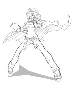 Rule 34 | 1girl, banchou, belt, borrowed character, brass knuckles, breasts, cape, chuunioniika, clenched hands, delinquent, female focus, geta, hair over one eye, hat, highres, jacket, jacket on shoulders, large breasts, lineart, md5 mismatch, monochrome, mouth hold, navel, no shirt, original, peaked cap, pointy ears, sarashi, short hair, solo, spikes, straw (stalk), tengu, tengu-geta, underboob, weapon