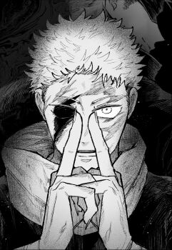 Rule 34 | 2boys, back-to-back, blindfold, blood, blood on face, commentary request, dirty, dirty face, fingernails, gojou satoru, greyscale, height difference, highres, hood, hood down, itadori yuuji, jujutsu kaisen, jujutsu tech uniform, looking at viewer, male focus, monochrome, multiple boys, nay bb, short hair, solo focus