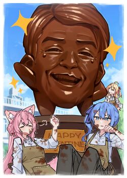 Rule 34 | 3girls, absurdres, ahoge, animal ear fluff, animal ears, apron, blonde hair, blue eyes, blue hair, blush, brown apron, chocolate, chocolate on clothes, chocolate on face, chocolate on head, chocolate statue, commentary request, day, food, food on face, hakui koyori, happy valentine, highres, hololive, hololive dev is, hoshimachi suisei, multiple girls, otonose kanade, outdoors, pink hair, shirt, sparkle, tsukino (nakajimaseiki), virtual youtuber, white shirt, wolf ears, wolf girl, yagoo