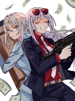 2girls :o ak-12_(girls'_frontline) an-94_(girls'_frontline) aqua_eyes banknote belt black_jacket black_pants blonde_hair brown_belt closed_eyes coll_(erichankun) collared_shirt dated eyelashes eyewear_on_head formal_clothes girls'_frontline grey_hair gun holding holding_gun holding_weapon jacket long_hair money multiple_girls necktie open_clothes open_jacket open_mouth pants red-tinted_eyewear red_shirt shirt simple_background smile suit sweatdrop tinted_eyewear weapon white_background white_necktie