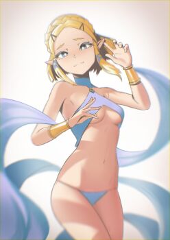 Rule 34 | 1girl, absurdres, alternate costume, bad id, bad twitter id, bikini, blonde hair, blue bikini, blue eyes, blush, bracer, breasts, bright pupils, halterneck, highres, lem, looking at viewer, nintendo, pointy ears, princess zelda, revealing clothes, short hair, smile, solo, swimsuit, the legend of zelda, the legend of zelda: breath of the wild, the legend of zelda: tears of the kingdom, underboob, white pupils