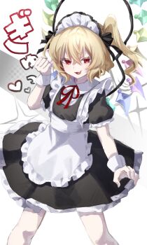 Rule 34 | 1girl, alternate costume, apron, black dress, blonde hair, commentary request, crystal, crystal wings, dress, enmaided, flandre scarlet, frilled dress, frills, hair between eyes, heart, highres, looking at viewer, maid, maid day, maid headdress, midoro29, multicolored wings, neck ribbon, one side up, open mouth, puffy short sleeves, puffy sleeves, red eyes, red ribbon, ribbon, short sleeves, smile, solo, touhou, translation request, waist apron, white apron, white wrist cuffs, wings, wrist cuffs