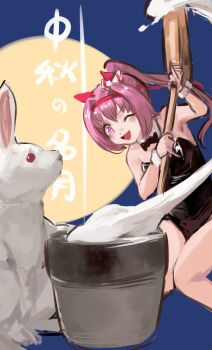 1girl animal_ears bare_shoulders black_bow black_bowtie black_leotard bow bowtie detached_collar ear_bow ear_covers flower-shaped_pupils flower_in_eye food full_moon hairband haru_urara_(umamusume) headband highres holding holding_mallet horse_ears horse_girl inishie_kumo kine leotard long_hair mallet mochi mochitsuki moon one_eye_closed open_mouth pink_eyes pink_hair pink_headband ponytail rabbit red_headband smile symbol-shaped_pupils symbol_in_eye umamusume wrist_cuffs