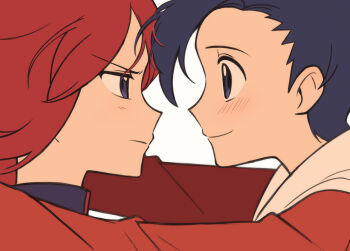 2boys blue_eyes blue_hair blush chueog closed_mouth ethan_(pokemon) highres jacket looking_at_another male_focus multiple_boys nintendo pokemon pokemon_hgss purple_eyes red_hair red_jacket silver_(pokemon) simple_background white_background yaoi