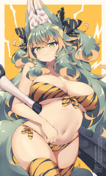 1girl animal_ear_fluff animal_ears animal_print bikini breasts commentary_request green_eyes green_hair kuromiya kuromiya_raika_(kuromiya) large_breasts long_hair looking_at_viewer multicolored_hair navel orange_hair original print_thighhighs solo stomach swimsuit thighhighs tiger_print two-tone_hair yellow_bikini yellow_thighhighs