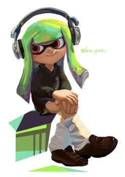 Rule 34 | 1girl, artist name, black shirt, closed mouth, commentary request, full body, green hair, headphones, highres, inkling, inkling girl, inkling player character, ka pus, leg warmers, long hair, looking to the side, nintendo, red eyes, shirt, sitting, smile, solo, splatoon (series), splatoon 3, tentacle hair, twitter username, white background