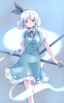 1girl black_bow black_bowtie black_hairband black_ribbon bow bowtie breast_pocket buttons collared_shirt commentary_request feet_out_of_frame flower frilled_skirt frills green_skirt green_vest grey_background grey_eyes grey_hair hair_ribbon hairband holding holding_sheath knees konpaku_youmu konpaku_youmu_(ghost) one-hour_drawing_challenge pink_flower pocket puffy_short_sleeves puffy_sleeves rangycrow ribbon sheath sheathed shirt short_hair short_sleeves skirt solo sword touhou vest weapon white_shirt