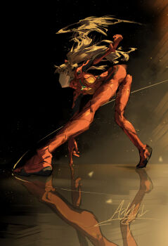 1girl absurdres arkilide ass back bent_over blonde_hair dark_background formal_clothes highres long_hair mecha_pilot_suit neon_genesis_evangelion red_suit solo souryuu_asuka_langley suit