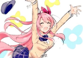 1girl :d ^_^ arms_up blush breasts brown_jacket chaos;head closed_eyes happy jacket long_hair non-web_source open_mouth outstretched_arms pink_hair plaid_clothes plaid_skirt pleated_skirt rotte_(1109) sakihata_rimi school_uniform science_adventure shirt skirt smile solo suimei_academy_school_uniform tongue white_background white_shirt