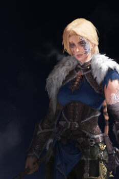 1girl absurdres axe blonde_hair blue_eyes dual_wielding european_clothes highres holding holding_axe holding_weapon looking_at_viewer norse simple_background tattoo weapon wolf_lamb