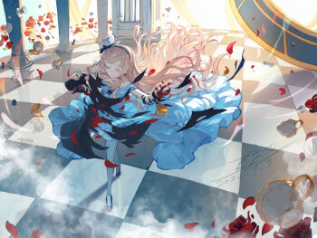 Rule 34 | 1girl, alice (arcaea), alice (minuet) (arcaea), arcaea, ballroom dancing, black hairband, black shoes, blue dress, checkered floor, closed eyes, closed mouth, commentary, cup, dated, dress, earrings, english commentary, floating hair, flower earrings, full body, hairband, hat, high heels, highres, jewelry, long hair, mini hat, mini top hat, off-shoulder dress, off shoulder, pantyhose, petals, pocket watch, red petals, ryuh (asahina neru), shoes, signature, solo, standing, teacup, teapot, tile floor, tiles, top hat, torn clothes, very long hair, watch, white hat, white pantyhose
