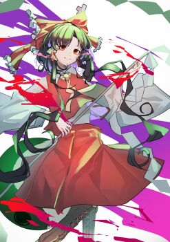 Rule 34 | 1girl, absurdres, ascot, boots, bow, brown boots, brown eyes, brown hair, closed mouth, commentary, dauchimk 1, detached sleeves, frilled bow, frilled hair tubes, frills, gohei, hair bow, hair tubes, hakurei reimu, happy, highres, holding, holding gohei, knee boots, lace-up boots, long hair, long sleeves, midriff, navel, red bow, red eyes, red skirt, reimu day, short hair with long locks, sidelocks, skirt, skirt set, smile, solo, touhou, white sleeves, wide sleeves, yellow ascot