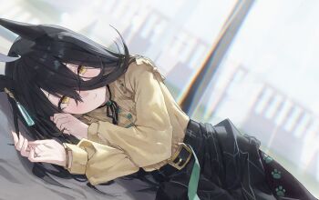 1girl amano_kokoko animal_ears black_hair black_pantyhose black_skirt blush brown_shirt closed_mouth hair_between_eyes highres horse_ears horse_girl long_hair looking_at_viewer lying manhattan_cafe_(umamusume) on_side pantyhose shirt skirt smile solo umamusume yellow_eyes